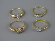 Four nine carat gold diamond dress rings (three clusters and one with three small stones), total 7.8