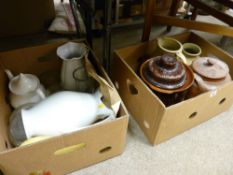 Selection of stoneware storage jars and vessels and a box of glass vases and jugs etc