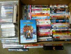 Box of DVDs, various titles and a small plastic crate of music CDs