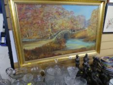 JILL MICKLE gilt framed acrylic on canvas - autumnal scape with river and bridge, horse and rider
