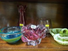 Opaline glass nut dish, Murano bowl and other colourful glassware