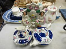 Gaudy Welsh teapot and sugar bowl, Staffs pottery clock figure etc