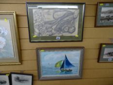 B WRAGG acrylic on board - sailing boat, a still life pencil study and a small watercolour of