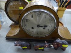 Mahogany mantel clock, other treen ware etc
