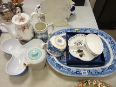 Large Willow pattern meat platter, Royal Albert 'Romance' teapot and other crockery