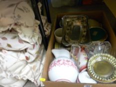 Mixed box of crockery and glassware and a quantity of scatter cushions
