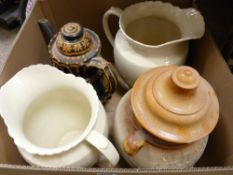 Two large creamware jugs, large slipware teapot and cover etc