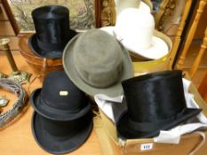 Collection of vintage top hats, bowlers and other head gear LEATHER CASE AND ONE TOP HAT HAS BEEN RE