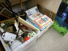Crate of various household goods and a small quantity of books, pictures and frames
