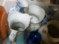 Three large pottery water jugs, pair of Oriental blue and white vases etc