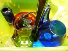 Crate of colourful glassware