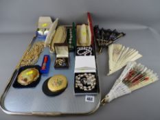 Quantity of boxed sets of simulated pearls, other costume jewellery, painted fans, compacts etc