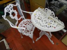 Half moon white painted metal garden table and a single chair