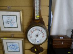 Good vintage oak wall barometer with thermometer and leaf carved detail