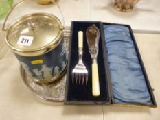 Wedgwood biscuit barrel with EP mounts, cased set of fish servers and an EP tray