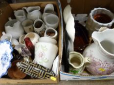 Two boxes of mainly pottery jugs and planters etc