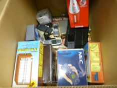 Box of small electricals including phones and a small quantity of vintage LP records