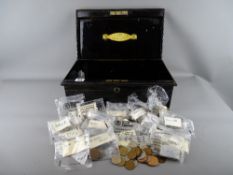Vintage Milners of London japanned deed box containing a quantity of vintage British and overseas