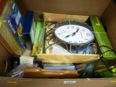 Two boxed vintage style wall clocks, Dunlop Maps folder and other useful household items