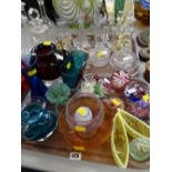 Two trays of various glassware including Vaseline glass, decorative paperweights, dressing table
