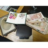 Small parcel of world bank notes & a collection of sepia photographs & a frame