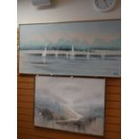 Two large semi-impressionistic oils on canvas of sailing boats & mountain scenes, both signed