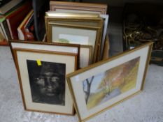 A box of various framed watercolours, prints etc
