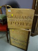 Vintage tea chest together with a wooden wine crate
