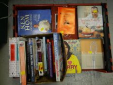 A crate of various cook books by James Martin, Michel Roux etc