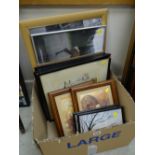 Box of various framed prints & photographs