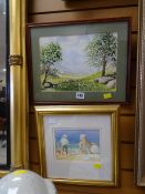 Framed watercolour of farm buildings in valley together with a small watercolour of children on a