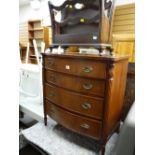 A neat bow fronted reproduction mahogany four-drawer chest of drawers together with a dark wood