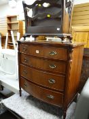 A neat bow fronted reproduction mahogany four-drawer chest of drawers together with a dark wood