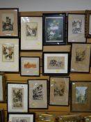 Parcel of framed coloured etchings including Notre Dame, Worcester Cathedral etc