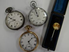 A Nero Lemania stopwatch, hallmarked silver pocket watch, yellow metal pocket watch & a yellow metal