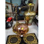 Parcel of metalware including brass & ebonized book slide, copper kettle, brass jug etc