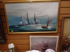 Framed oil on canvas of the SS Norge, signed together with another oil on board of sailing ship,