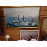 Framed oil on canvas of the SS Norge, signed together with another oil on board of sailing ship,