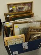 Box of various framed prints, wall clock etc