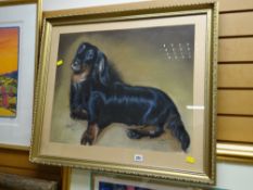 Framed mixed media portrait of Smartie the long haired dachshund, signed ALFRED THOMAS, dated 1981