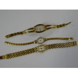 Three yellow metal ladies wristwatches