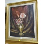 Gilt framed oil on board of still life roses in a vase, signed RALPH DYKMAN