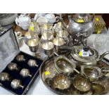 A parcel of various EPNS including spirit kettle, galleried tray, three-piece teaset etc