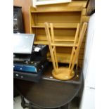 A vintage oak drop leaf dining table, pine stool & bookcase