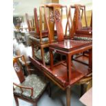 An Oriental hardwood carved extending dining table & eight (2+6) matching loose cushion chairs,