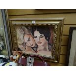 Framed oil on canvas - two females embracing, signed S SHURTON