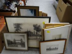 A box of etchings mainly of London scenes etc