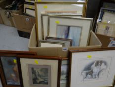 Box of various framed pictures & prints, seascapes etc