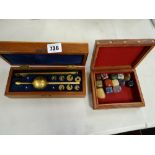A cased hydrometer & souvenir brass decorated box & contents of various agate specimens