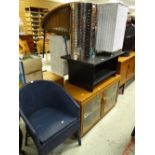 A parcel of furniture to include small black ash coffee table, entertainment unit, linen basket,